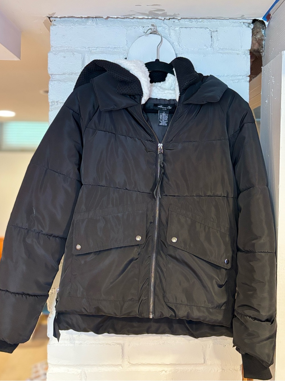 Anna Cai New York Black Quilted Puffer Jacket Sherpa Hood Women's Small